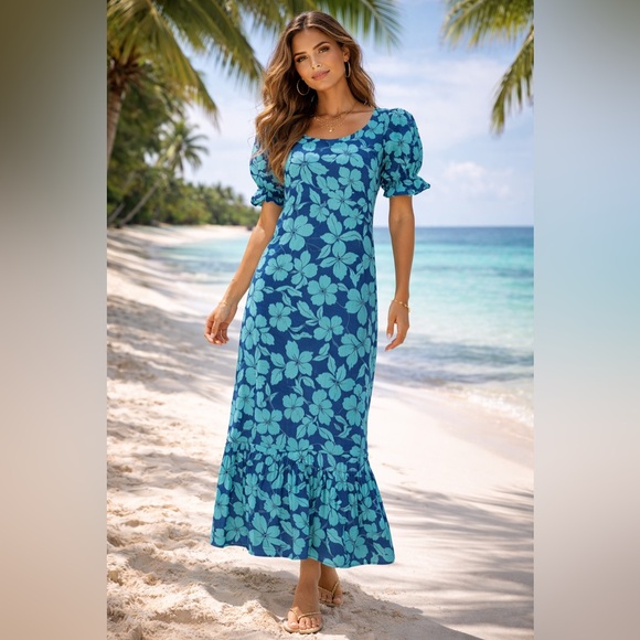 Handmade Dresses & Skirts - Handmade hibiscus Floral Blue Dress short puff sleeve mermaid square neckline S